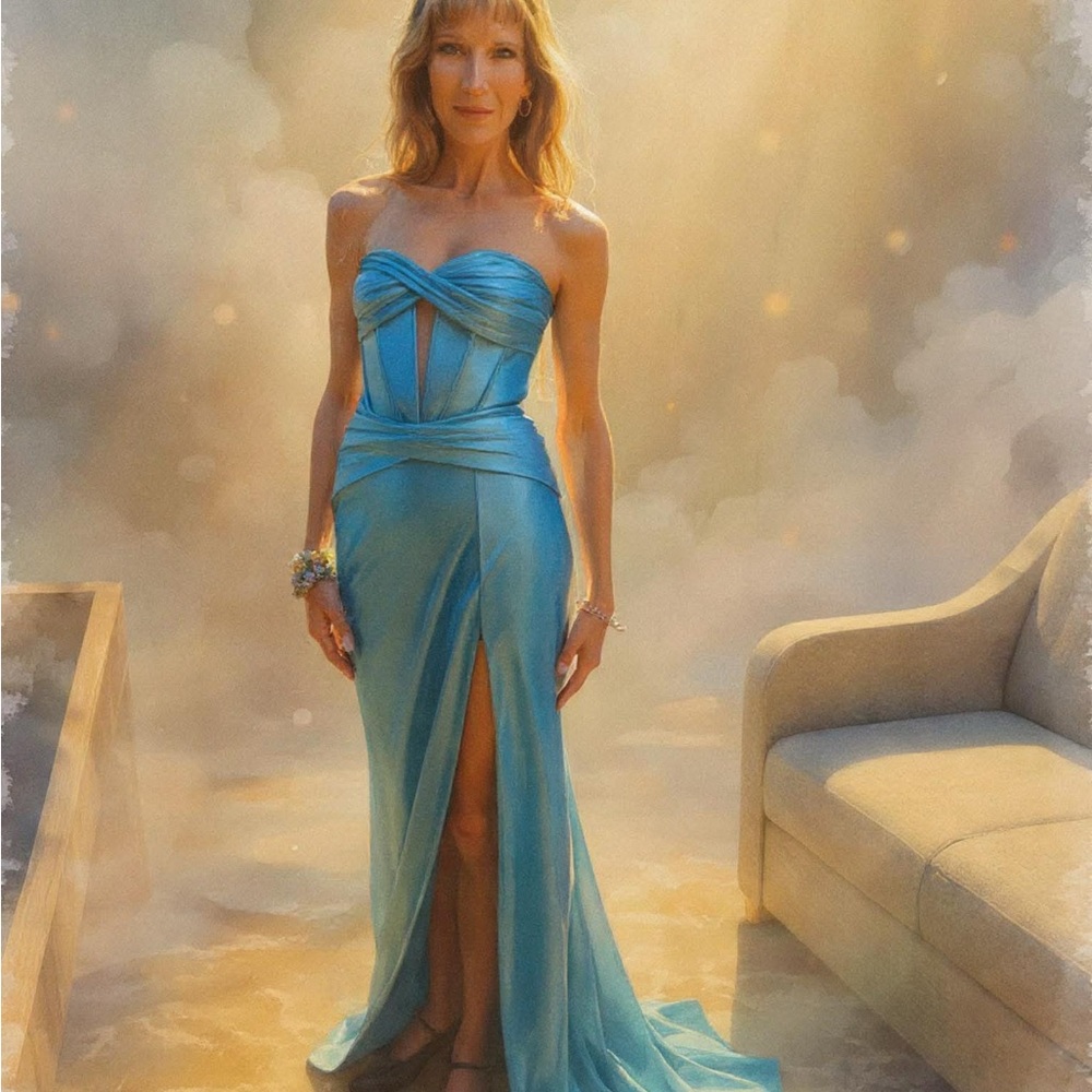 Strapless Aqua Blue Evening Gown with Front Slit